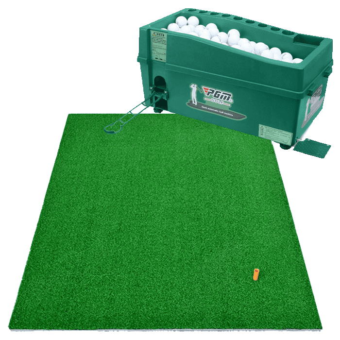 Hillman PGM Semi-Automatic Golf Ball Dispenser and Artificial Turf Large Practice Mat with Rubber Tee Package
