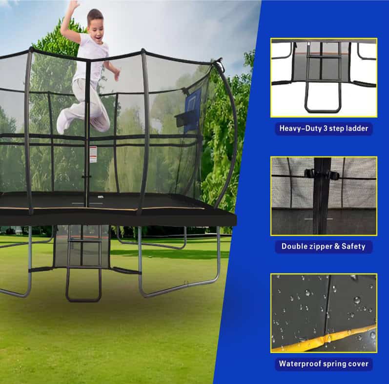7x10ft Rectangular Trampoline with Safety Enclosure Black - Free Ladder Shoe Tidy Anchor Kit Basketball