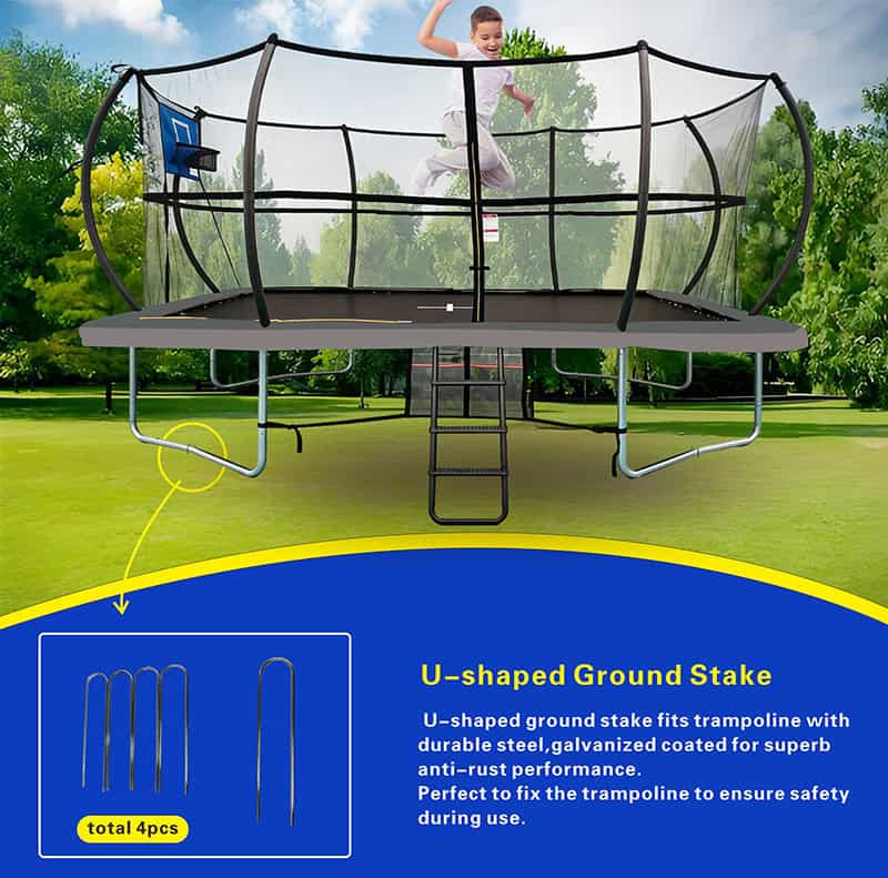 9x14ft Rectangular Trampoline with Safety Enclosure Grey - Free Ladder Shoe Tidy Anchor Kit Basketball
