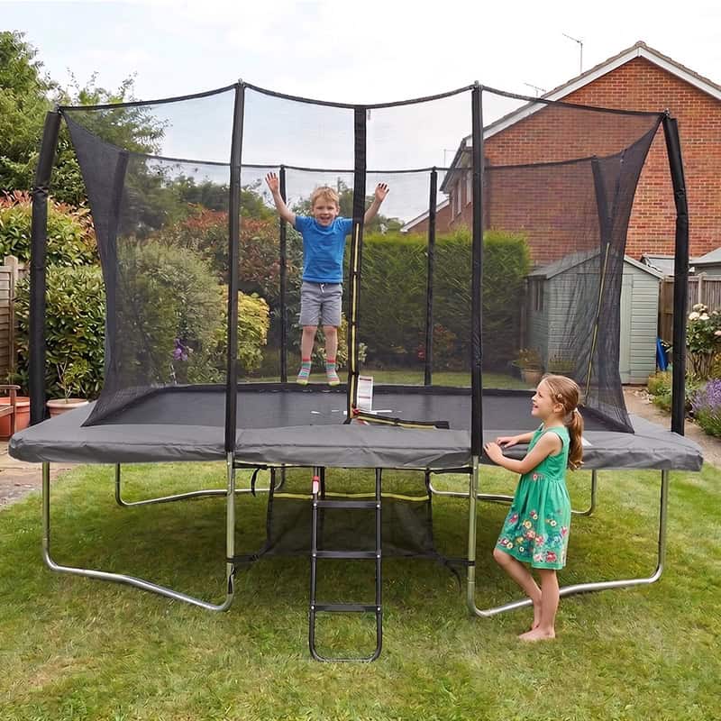 8x12ft Rectangular Trampoline with Safety Enclosure Grey – Free Ladder & Shoe Tidy