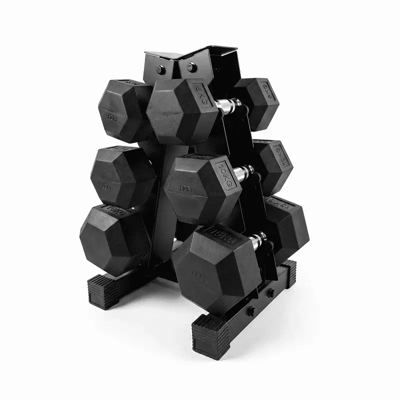 Ironman Rubber Coated Hex Dumbbell & 3 Tier Rack Set