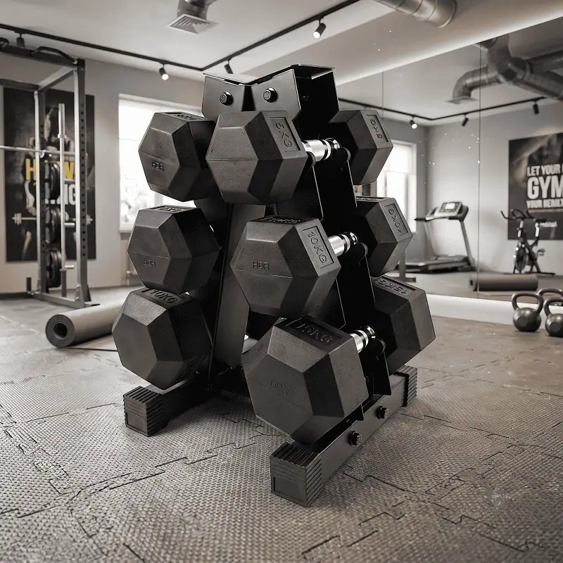 Ironman Rubber Coated Hex Dumbbell & 3 Tier Rack Set – 10kg, 15kg & 20kg Pairs - Image 2