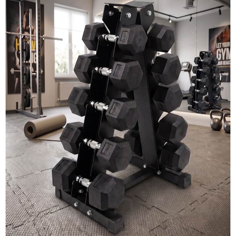Ironman Rubber Coated Hex Dumbbell & 5 Tier Rack Set