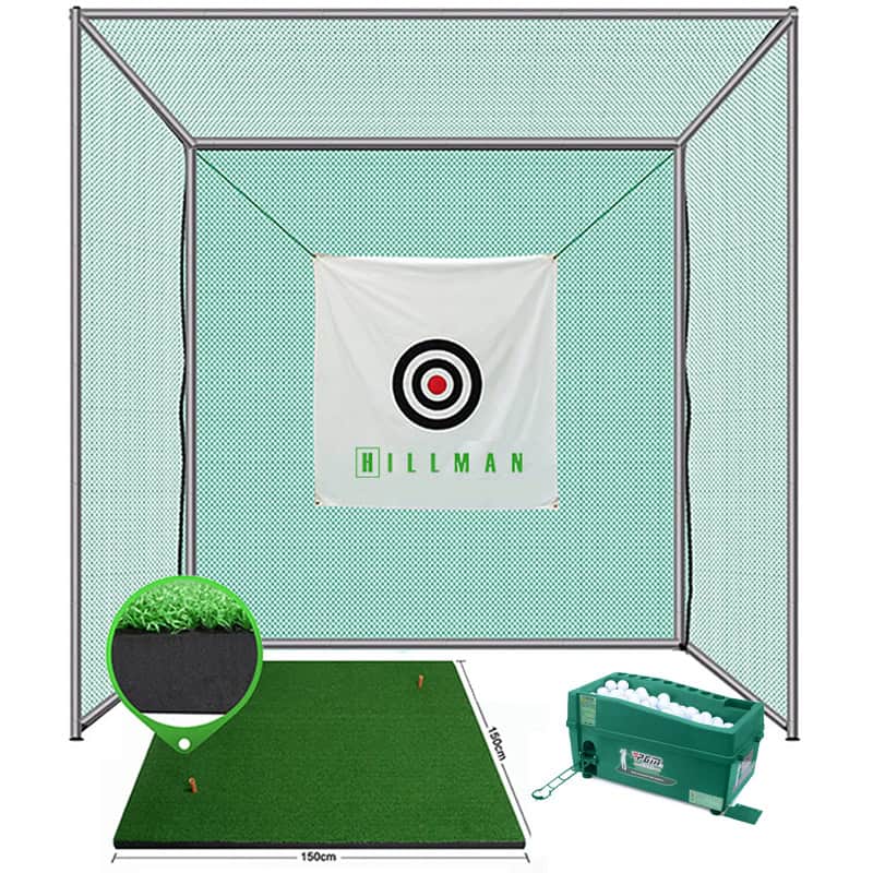 Hillman PGM 3m Semi-Commercial Golf Practice Cage 1.5m Deluxe Practice Mat with Tee And Ball Dispenser Package
