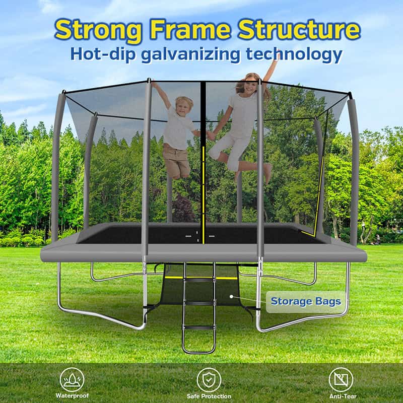 8x12ft Rectangular Trampoline with Safety Enclosure Grey – Free Ladder & Shoe Tidy