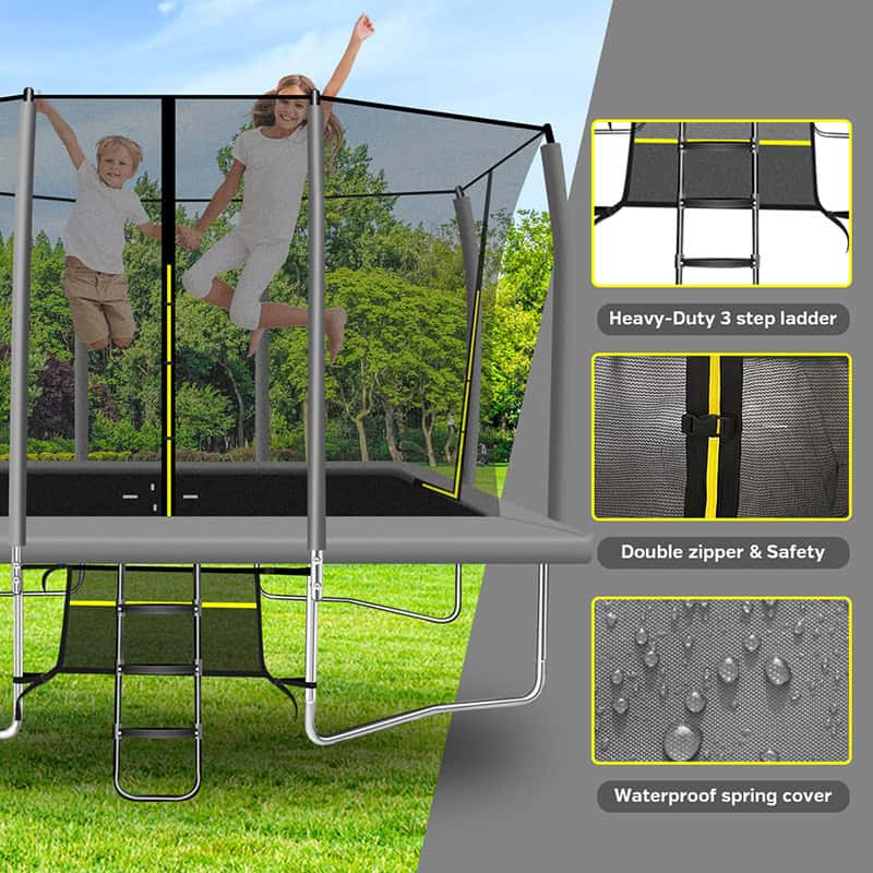 8x12ft Rectangular Trampoline with Safety Enclosure Grey – Free Ladder & Shoe Tidy