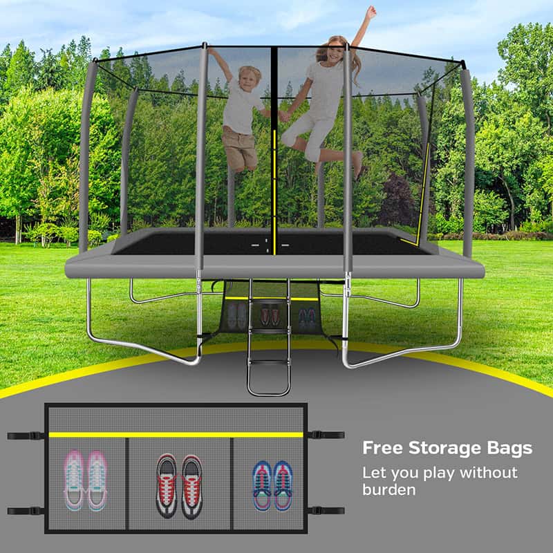 8x12ft Rectangular Trampoline with Safety Enclosure Grey – Free Ladder & Shoe Tidy