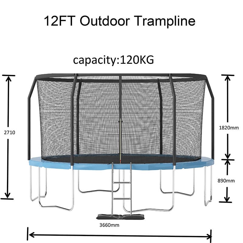 12ft Trampoline with Safety Enclosure Free Ladder Floor Mat & Socks – Black / Blue