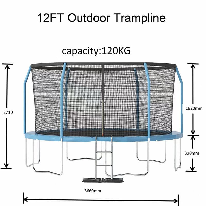 12ft Trampoline with Safety Enclosure Free Ladder Floor Mat & Socks – Blue / Blue