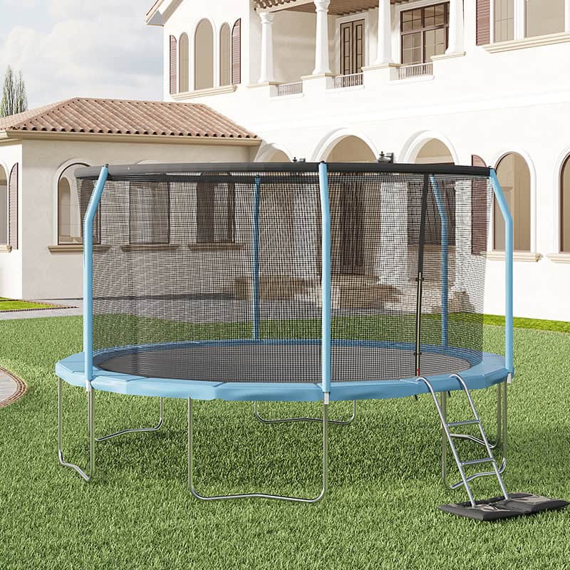 12ft Trampoline with Safety Enclosure Free Ladder Floor Mat & Socks – Blue / Blue