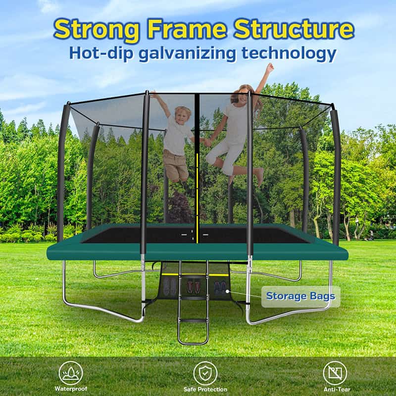 8x12ft Rectangular Trampoline with Safety Enclosure Green – Free Ladder & Shoe Tidy