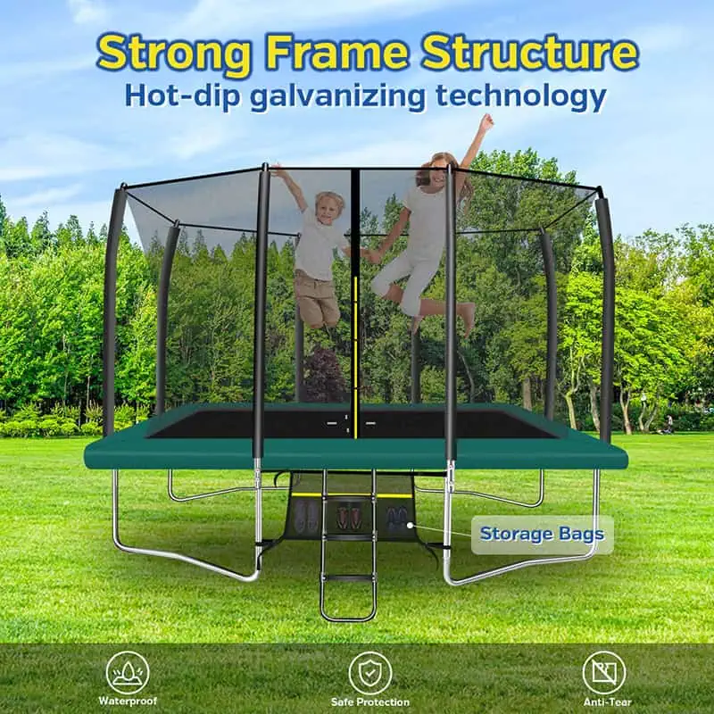 9x14ft Rectangular Trampoline with Safety Enclosure Green – Free Ladder & Shoe Tidy