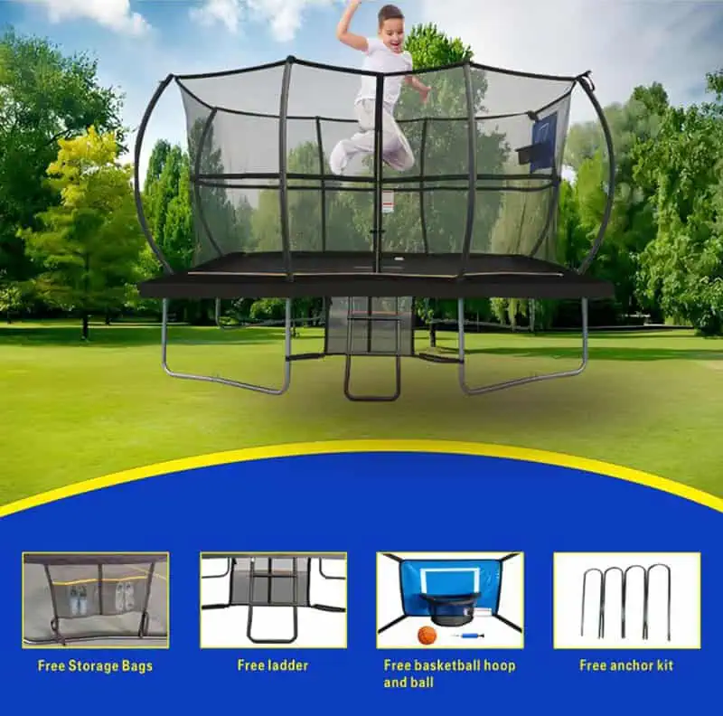 5x7ft Rectangular Trampoline with Safety Enclosure Black - Free Ladder Shoe Tidy Anchor Kit Basketball