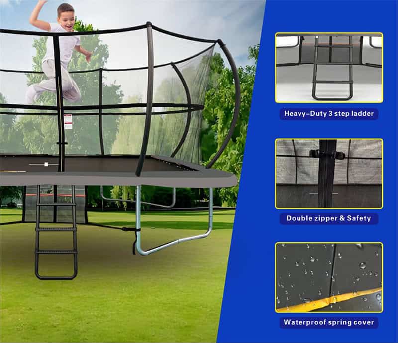 8x12ft Rectangular Trampoline with Safety Enclosure Grey - Free Ladder Shoe Tidy Anchor Kit Basketball