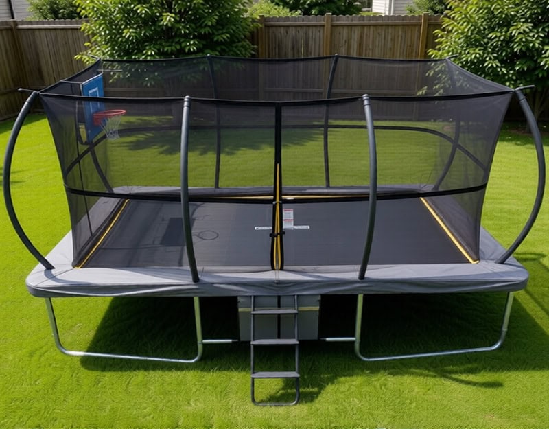 8x12ft Rectangular Trampoline with Safety Enclosure Grey - Free Ladder Shoe Tidy Anchor Kit Basketball
