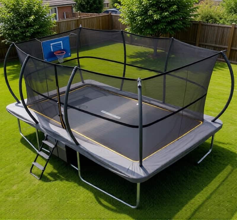 8x12ft Rectangular Trampoline with Safety Enclosure Grey - Free Ladder Shoe Tidy Anchor Kit Basketball