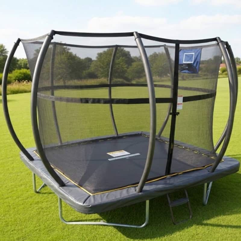 5x7ft Rectangular Trampoline with Safety Enclosure Grey - Free Ladder Shoe Tidy Anchor Kit Basketball