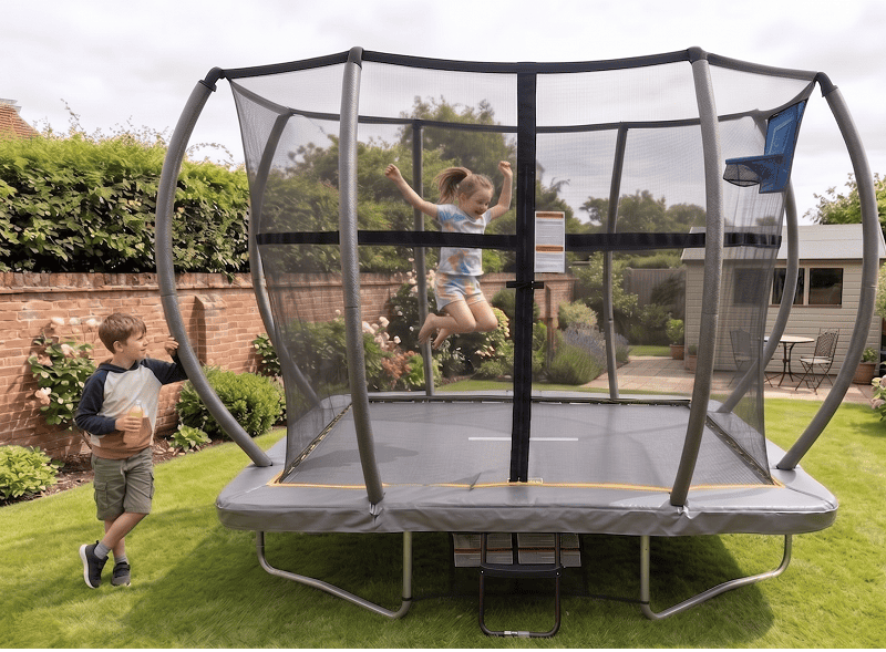 Big Foot 5x7ft Rectangular Trampoline with Safety Enclosure Grey - Free Ladder Shoe Tidy Anchor Kit Basketball - Image 11