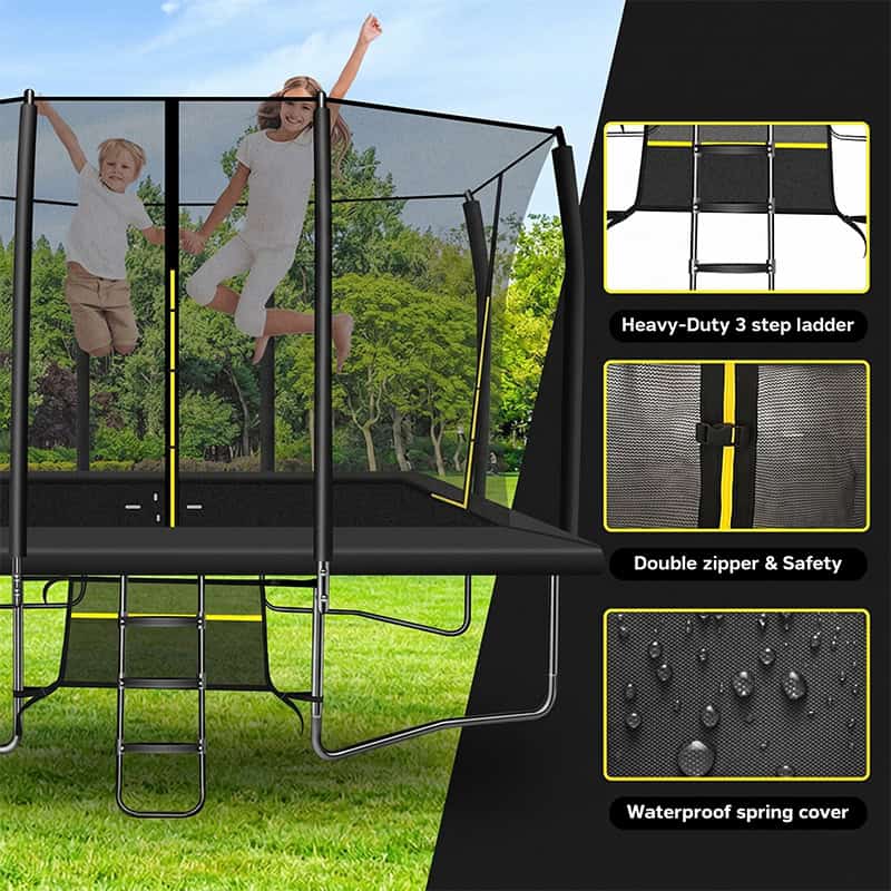 8x12ft Rectangular Trampoline with Safety Enclosure Black – Free Ladder & Shoe Tidy