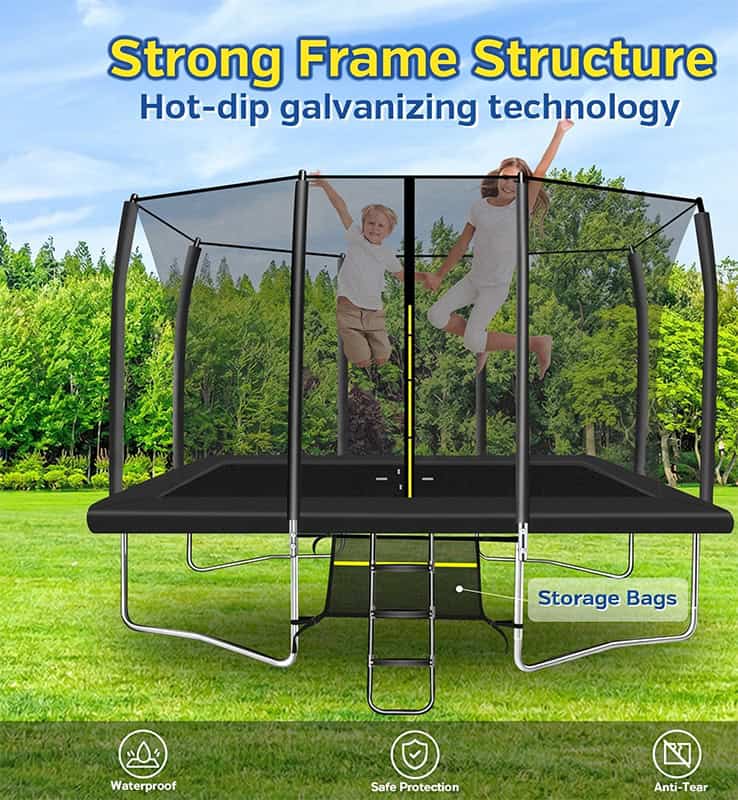 8x12ft Rectangular Trampoline with Safety Enclosure Black – Free Ladder & Shoe Tidy