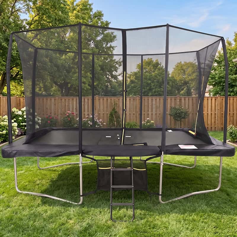 8x12ft Rectangular Trampoline with Safety Enclosure Black – Free Ladder & Shoe Tidy