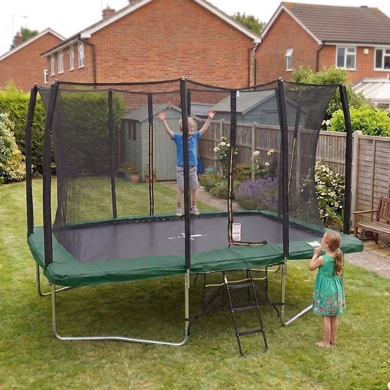 8x12ft Rectangular Trampoline with Safety Enclosure Green – Free Ladder & Shoe Tidy