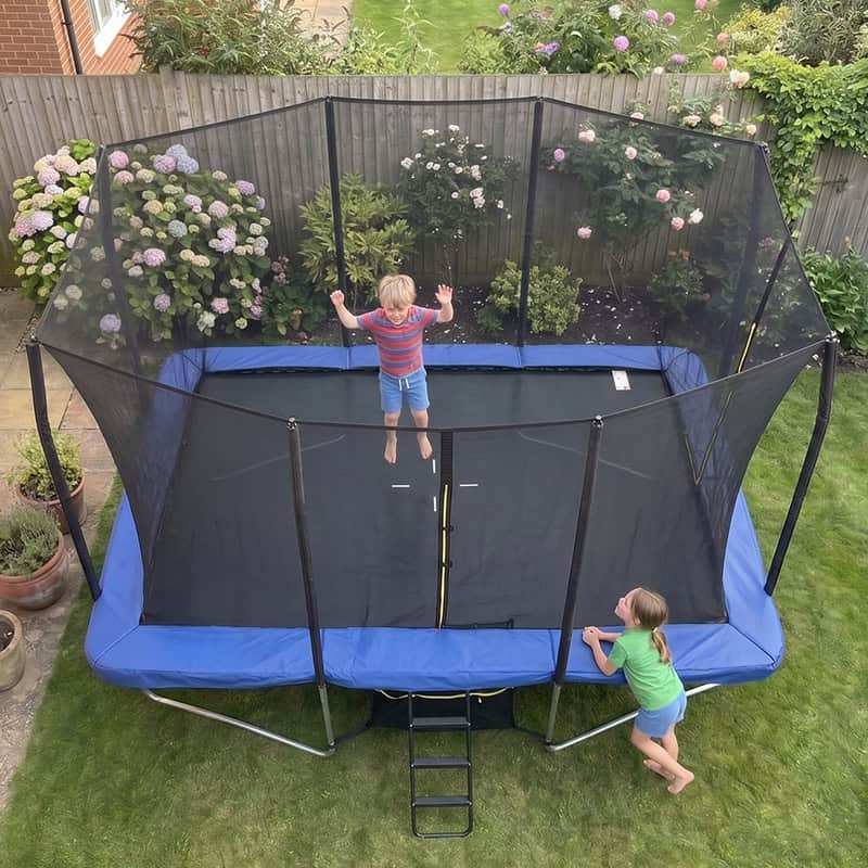 8x12ft Rectangular Trampoline with Safety Enclosure Blue – Free Ladder & Shoe Tidy