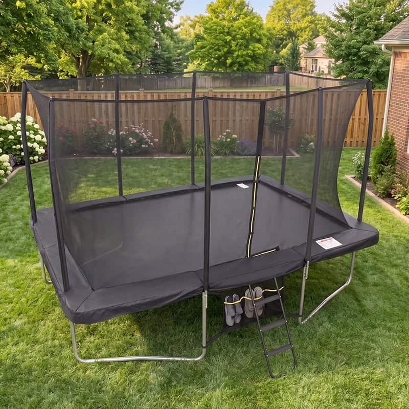 9x14ft Rectangular Trampoline with Safety Enclosure Black – Free Ladder & Shoe Tidy