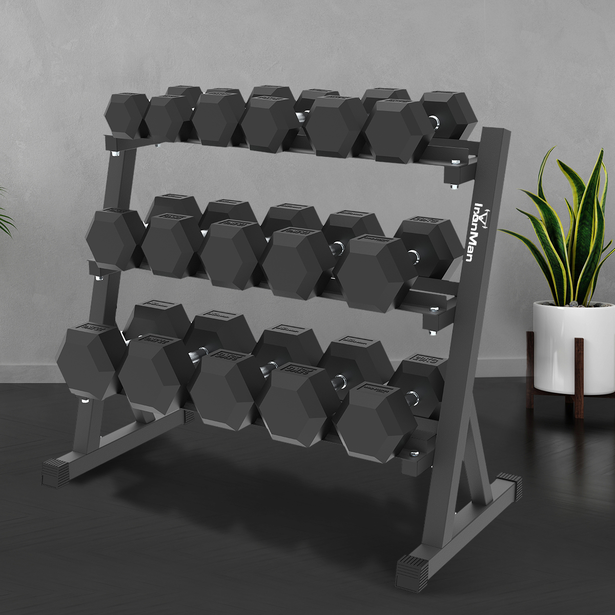 Ironman Rubber Coated Hex Dumbbell & Commercial 130cm 3-Tier Rack Set (2.5kg to 40kg – 11 Pairs)