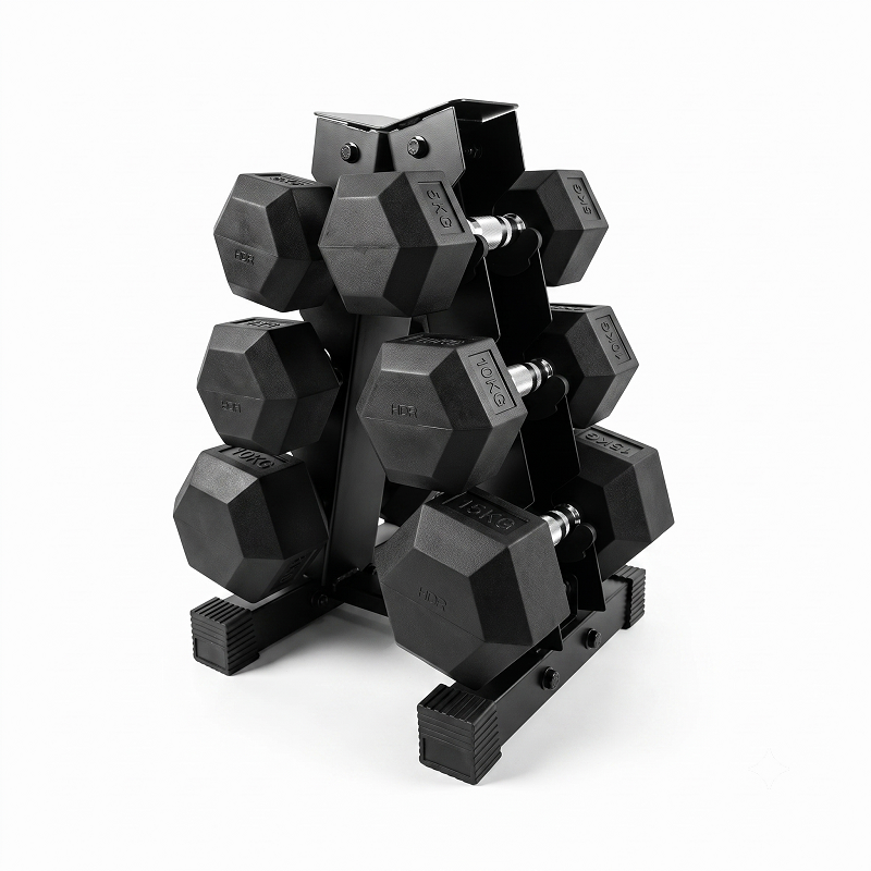 Ironman Rubber Coated Hex Dumbbell & 3 Tier Rack Set – 5kg, 10kg & 15kg Pairs