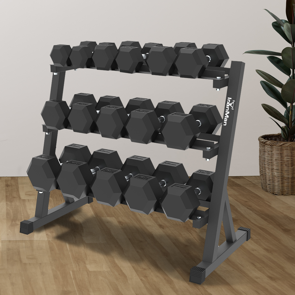 Ironman Rubber Coated Hex Dumbbell & Commercial 130cm 3-Tier Rack Set (2.5kg to 40kg – 14 Pairs)