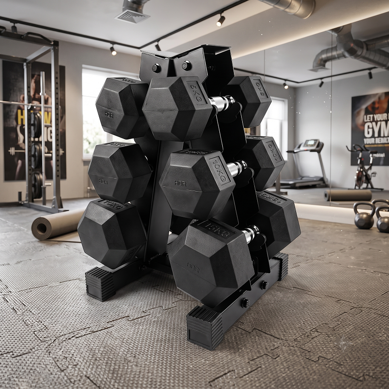 Ironman Rubber Coated Hex Dumbbell & 3 Tier Rack Set – 5kg, 10kg & 15kg Pairs - Image 2
