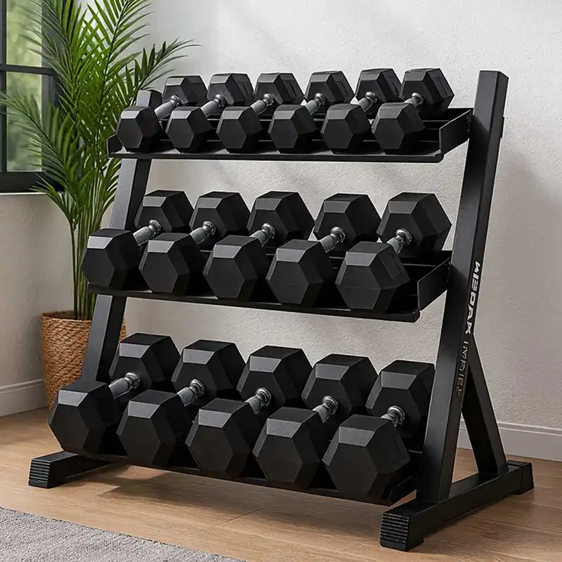Ironman Rubber Coated Hex Dumbbell & Commercial 3-Tier Rack Set (5kg to 30kg – 9 Pairs)