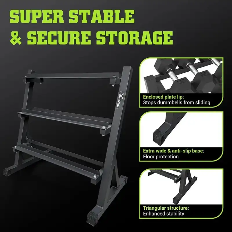 Ironman Rubber Coated Hex Dumbbell & Commercial 130cm 3-Tier Rack Set (2.5kg to 40kg – 11 Pairs) - Image 7