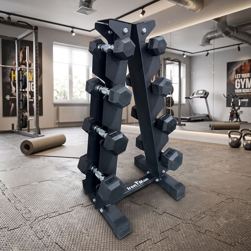 Ironman Rubber Coated Hex Dumbbell & 4 Tier Rack Set