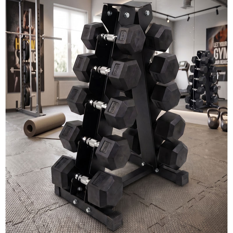 Ironman Rubber Coated Hex Dumbbell & 5 Tier Rack Set - 2.5, 5, 7.5, 10, 12.5kg Pairs
