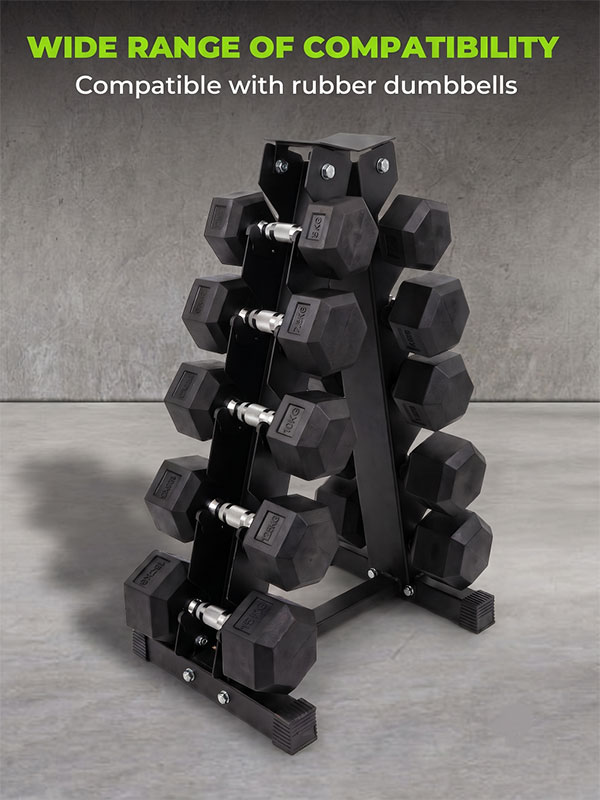 Ironman Rubber Coated Hex Dumbbell & 5 Tier Rack Set - 2.5, 5, 7.5, 10, 12.5kg Pairs - Image 6