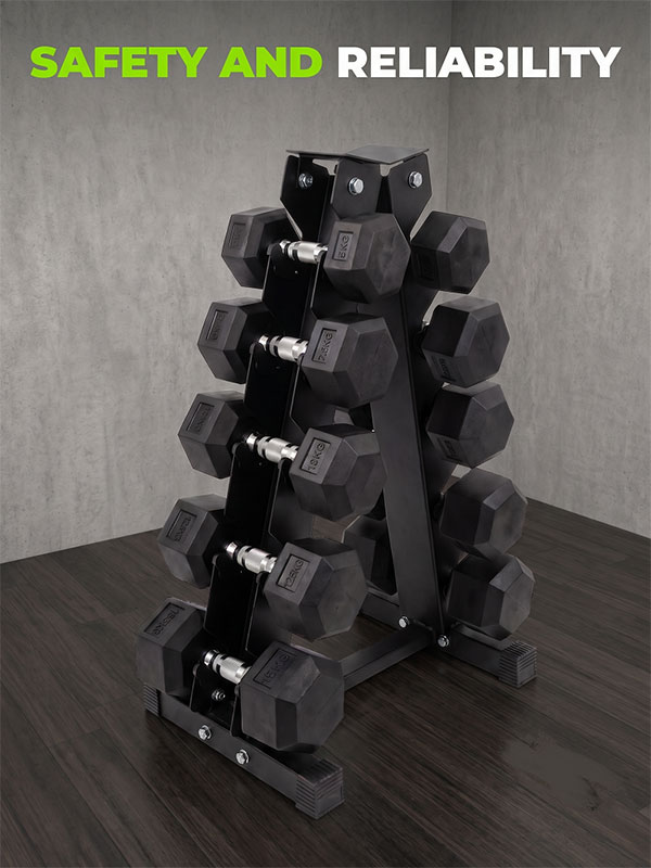 Ironman Rubber Coated Hex Dumbbell & 5 Tier Rack Set - 2.5, 5, 7.5, 10, 12.5kg Pairs - Image 5
