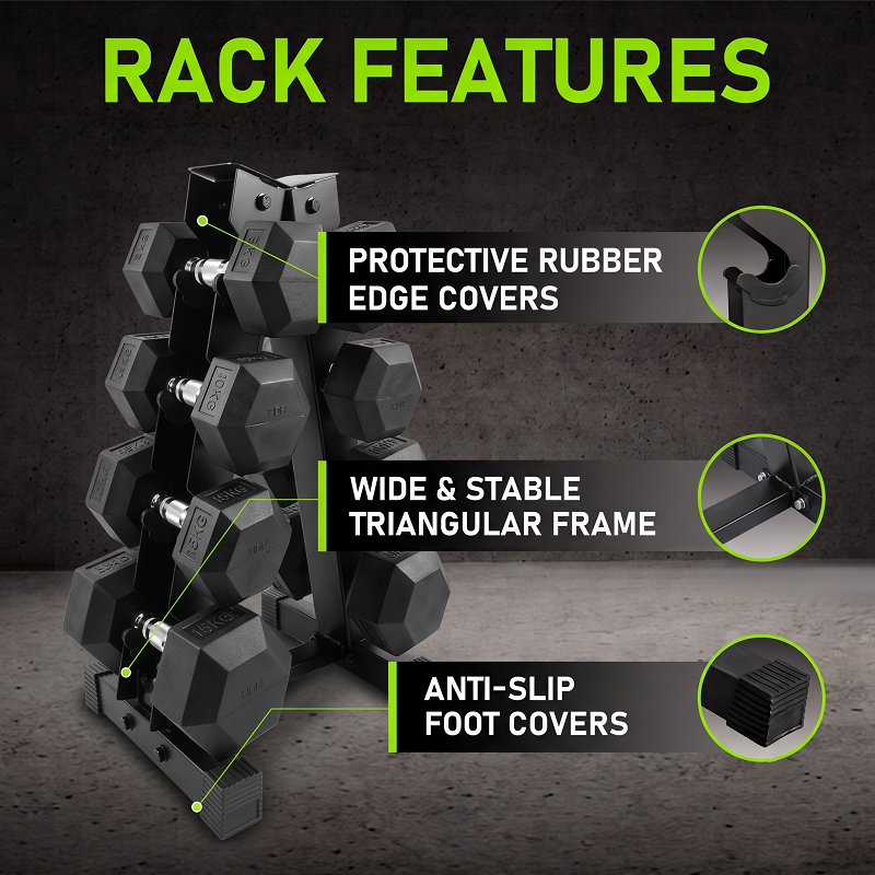 Ironman Rubber Coated Hex Dumbbell & 3 Tier Rack Set – 5kg, 10kg & 15kg Pairs - Image 3