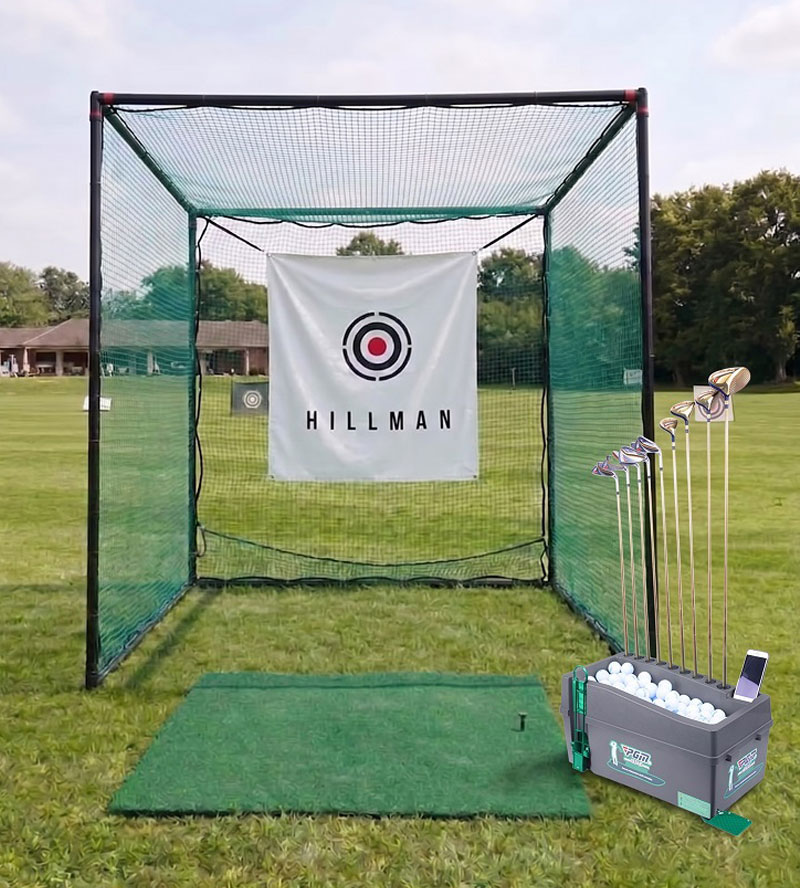 Hillman Powder Coated Golf Practice Cage Hitting Mat with Tee and Ball Dispenser Package